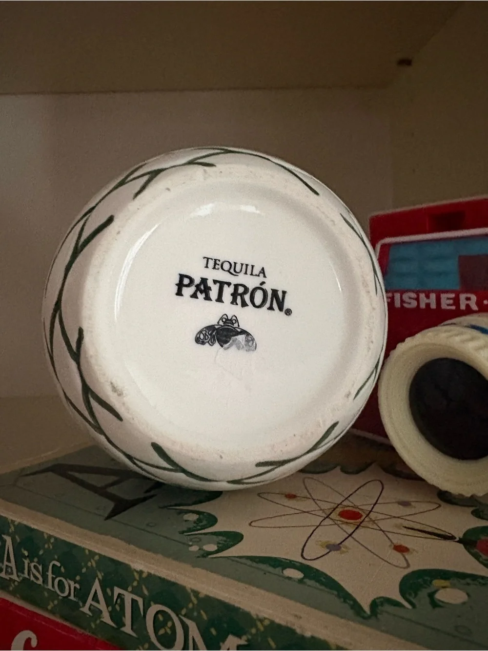 Patron Tequila White Ceramic green beehive Cup with Green Lattice and Bee Emblem